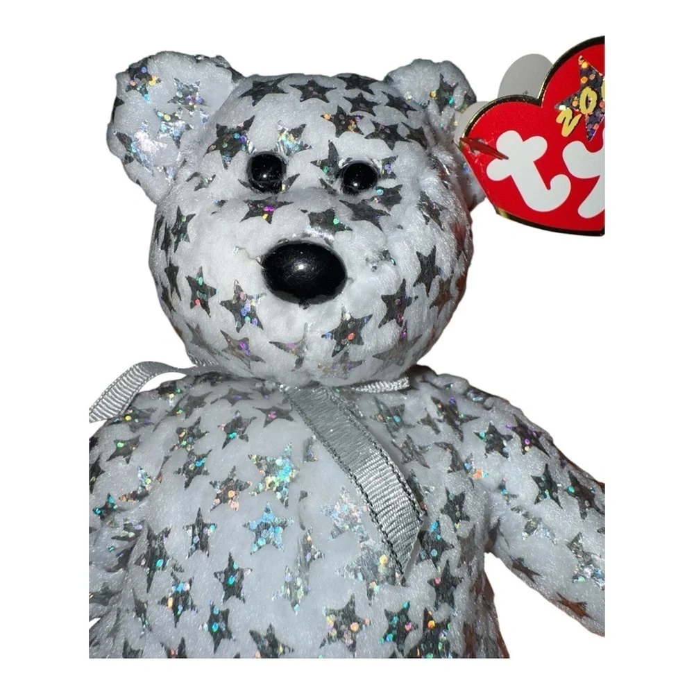 vintage Ty White Bear with Silver Stars Plush Toy with tag errors